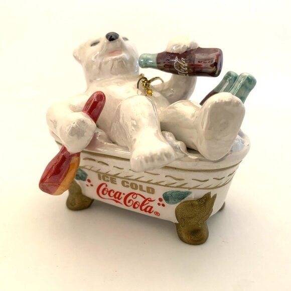 4 Coca-Cola Pearlescent Porcelain Xmas Ornaments 3 Santa 1 Polar Bear Vintage - Picture 12 of 15